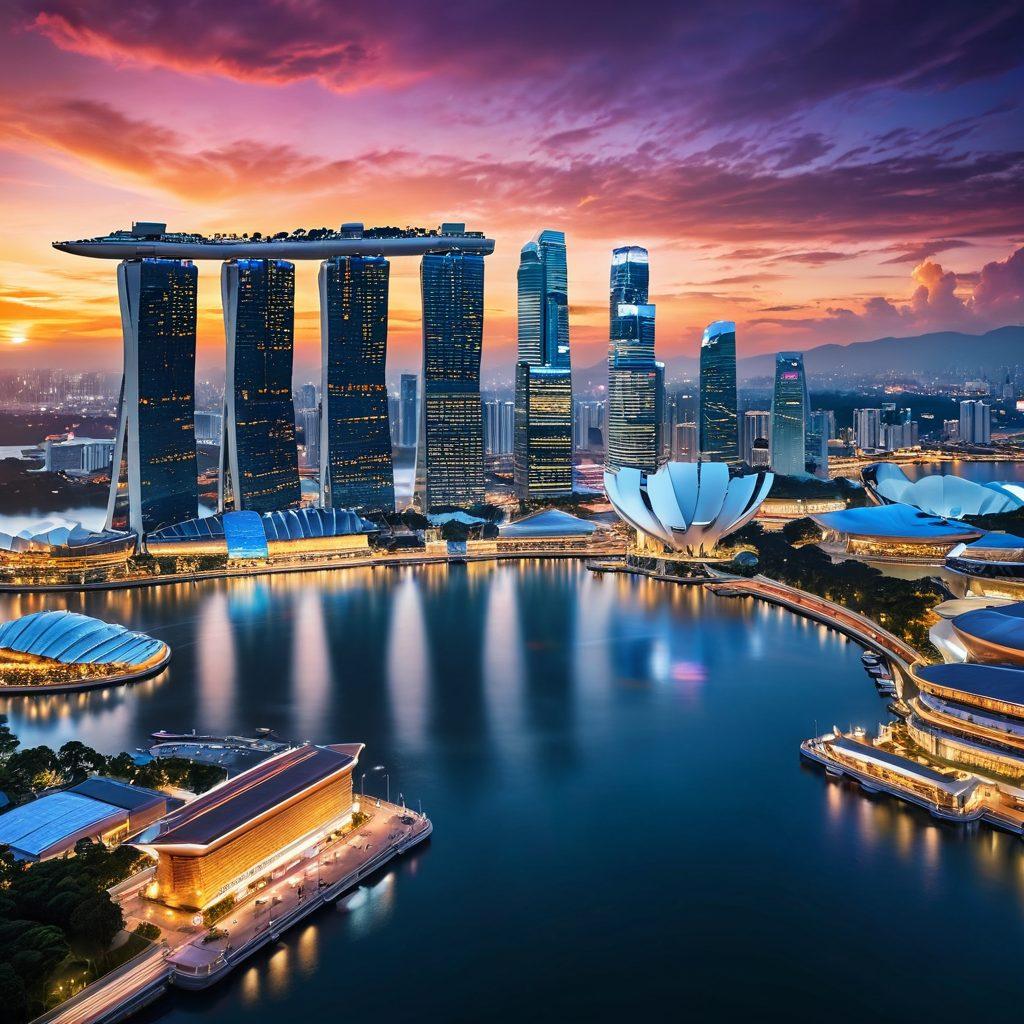 A futuristic skyline of Singapore featuring iconic buildings like Marina Bay Sands, with digital elements representing blockchain technology, cryptographic symbols floating in the air, and diverse people engaging with futuristic devices. The scene should convey innovation and progress in the economy, with a vibrant sunset backdrop blending warm and cool colors. super-realistic. vibrant colors. 3D.
