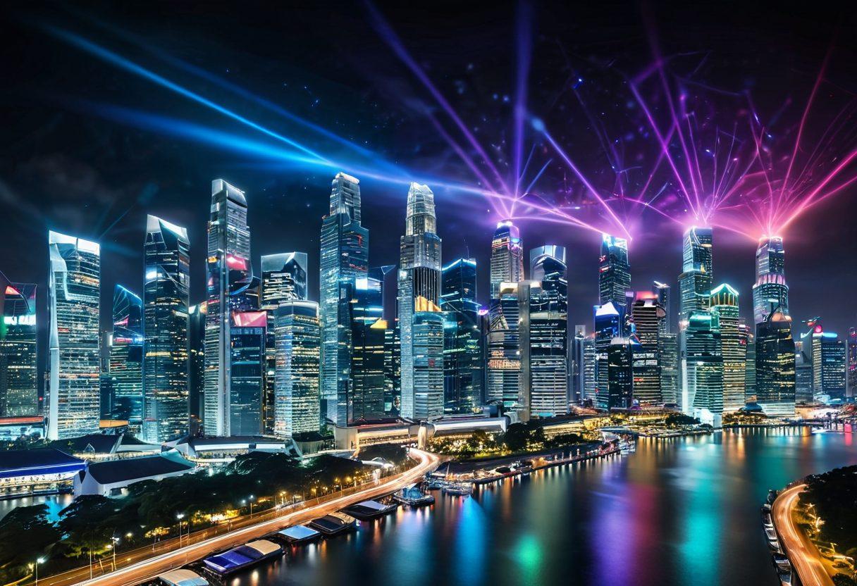 A futuristic skyline of Singapore with towering skyscrapers and holographic displays showcasing cryptocurrency logos. Vibrant blockchain nodes connecting in the sky like constellations, and people interacting with digital currencies on their devices. A blend of traditional finance elements alongside advanced technology like AI and VR. The scene is illuminated with neon colors to capture the energy of innovation. cyberpunk. vibrant colors.