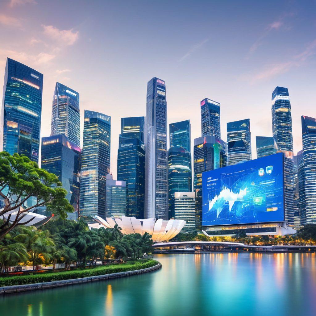 A vibrant city skyline of Singapore, showcasing iconic skyscrapers with digital screens displaying fintech trends. In the foreground, a diverse group of entrepreneurs discussing blockchain and digital assets, surrounded by holographic charts and graphs. The scene is buzzing with energy, symbolizing innovation and growth. Include elements like futuristic tech and greenery blending seamlessly. super-realistic. vibrant colors. white background.